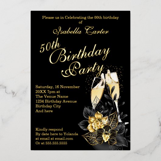 エキゾチックなブラック金ゴールドフローラエレガントな誕生日パーティー 箔招待状 (正面)