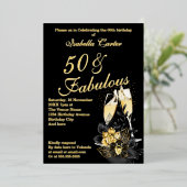 エキゾチックなブラック金ゴールドフローラ素晴らしい誕生日パーティー 箔招待状 (立ち正面)