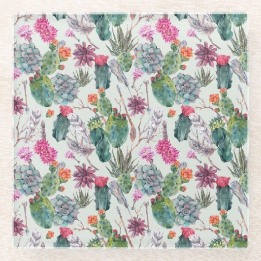 エキゾチックなボホの水色サボテンと多肉性パターン ガラスコースター (正面)