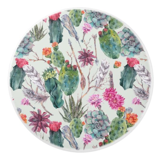 エキゾチックなボホの水色サボテンと多肉性パターン セラミックノブ (正面)