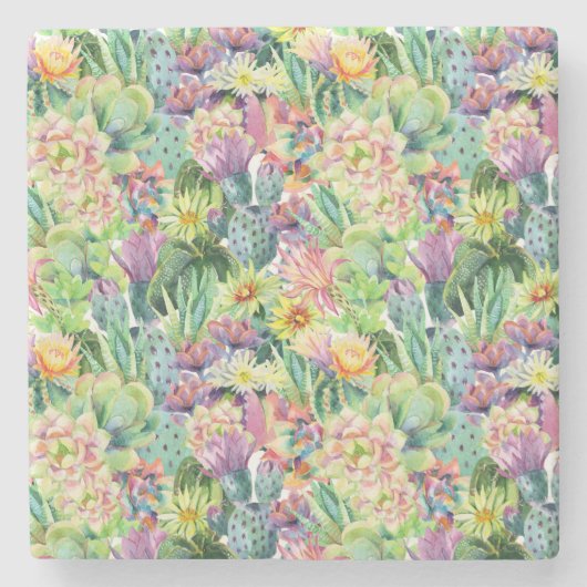 エキゾチックな咲く水彩画のサボテンパターン ストーンコースター (正面)