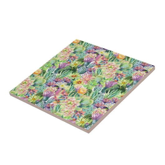 エキゾチックな咲く水彩画のサボテンパターン タイル (側面)