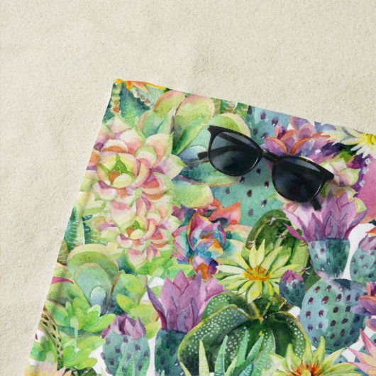 エキゾチックな咲く水彩画のサボテンパターン ビーチタオル (インサイチュ)