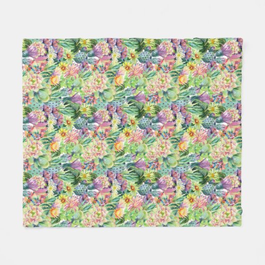 エキゾチックな咲く水彩画のサボテンパターン フリースブランケット (正面(横))