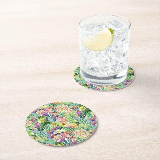 エキゾチックな咲く水彩画のサボテンパターン ラウンドペーパーコースター (インサイチュ)