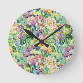 エキゾチックな咲く水彩画のサボテンパターン ラウンド壁時計