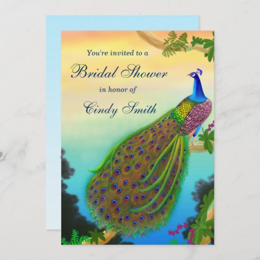 エキゾチックな孔雀のブライダルシャワーの招待状 招待状 (正面/裏面)