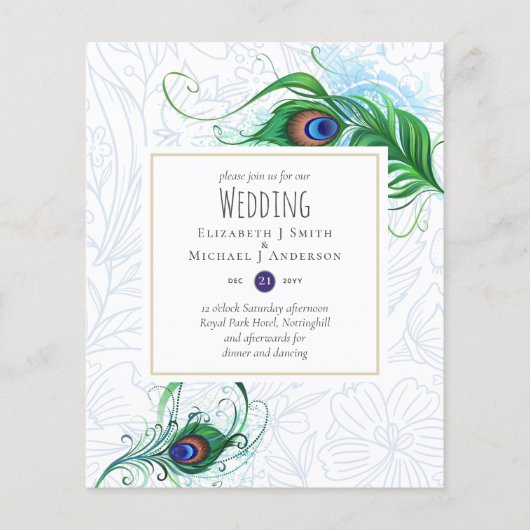 エキゾチックな孔雀の羽の結婚式の招待予算 (正面)