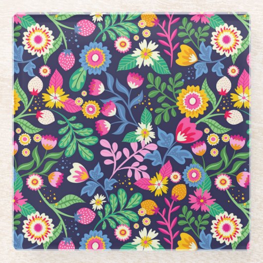 エキゾチックな手描きの花柄 ガラスコースター (正面)