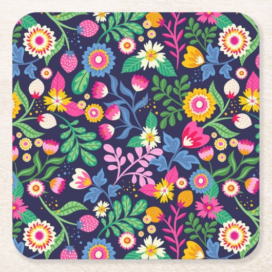 エキゾチックな手描きの花柄 スクエアペーパーコースター (正面)