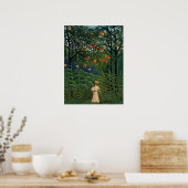 「エキゾチックな森の中の女性歩く」 ポスター (キッチン)