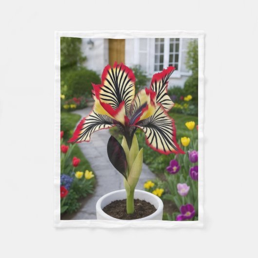 エキゾチックな模様の花の鉢植えガーデン フリースブランケット (正面)
