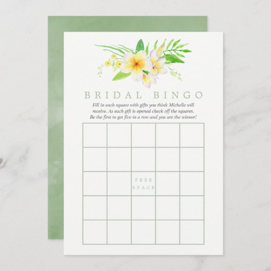 エキゾチックな水の色フランジパニブライダルシャワービンゴ 招待状 (正面/裏面)