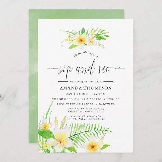 エキゾチックな水の色フランジパニsipと参照 招待状 (正面/裏面)