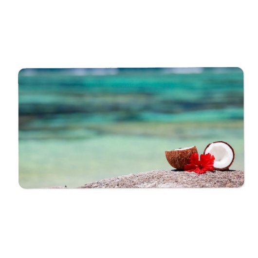 エキゾチックな海岸の熱帯花とココナッツ ラベル (正面)