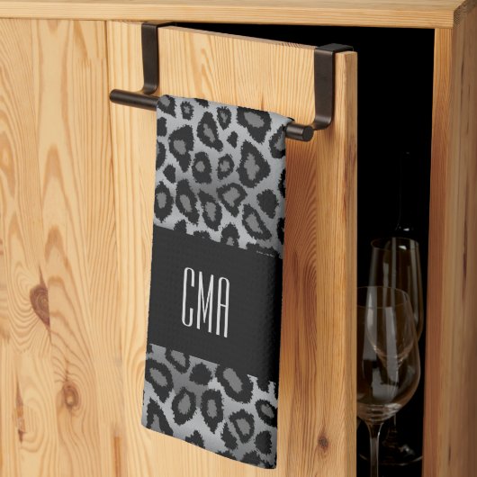 エキゾチックな灰色ヒョウの動物の柄 |モノグラム キッチンタオル (三つ折り)