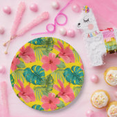 エキゾチックな熱帯の花と黄色の葉 ペーパープレート (パーティー)