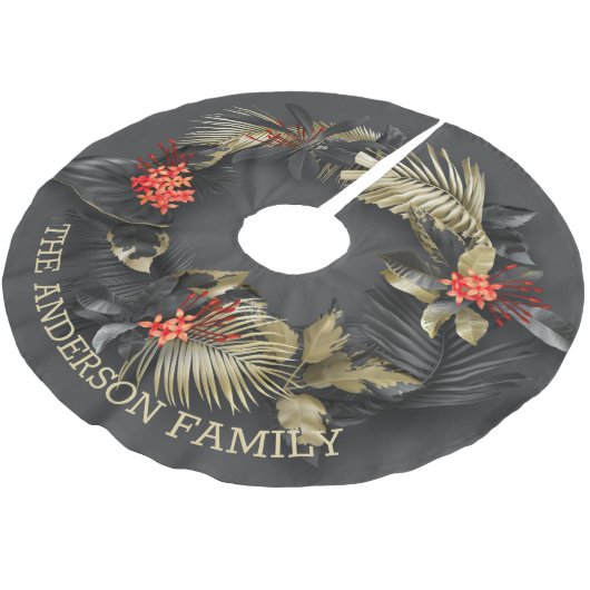 エキゾチックな熱帯の金ゴールドと黒の葉 ブラッシュドポリエステルツリースカート (アングル)