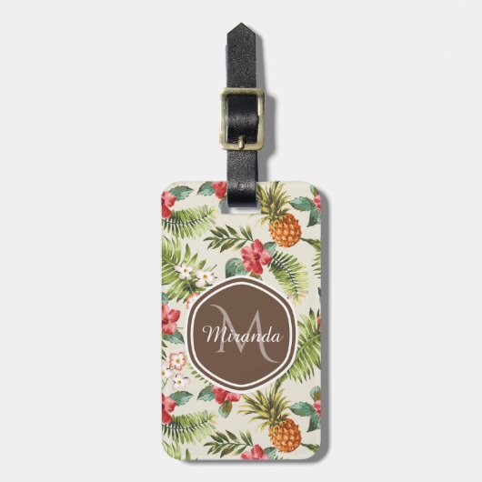 エキゾチックな熱帯パイナップル花のブラウンのモノグラム ラゲッジタグ (正面縦)