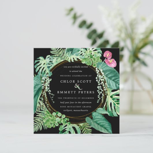エキゾチックな熱帯ピンクのフローラ冬の結婚式 招待状 (スタンド正面)