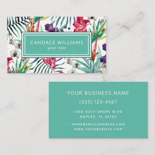 エキゾチックな熱帯花と葉のパターン 名刺 (正面/裏面)