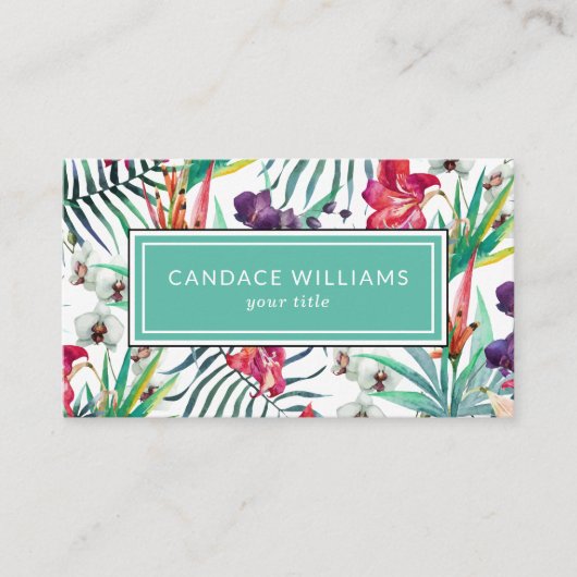 エキゾチックな熱帯花と葉のパターン 名刺 (正面)