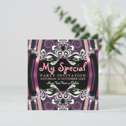 エキゾチックな紫色の女の子の私室のパーティの招待状 招待状 (スタンド正面)