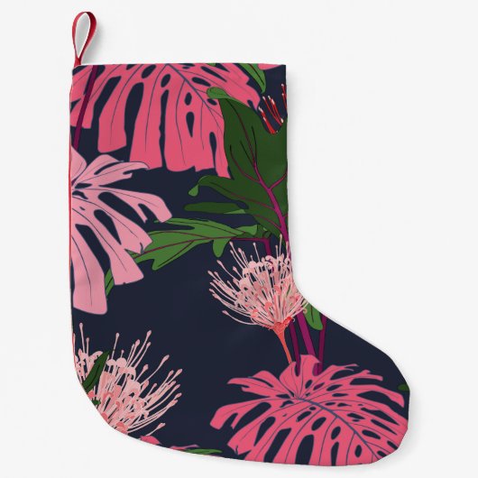エキゾチックな緑とピンクの熱帯ヤシの葉とプロ スモールクリスマスストッキング (正面)