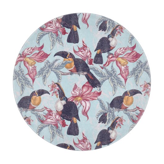 エキゾチックな花とのToucans カッティングボード (正面)