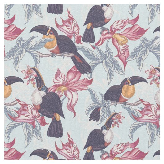エキゾチックな花とのToucans ファブリック (クローズアップ)