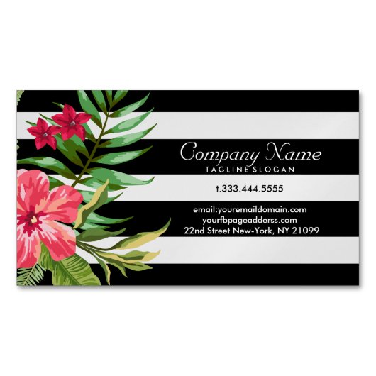 エキゾチックな花と白と黒のストライプ マグネット名刺 (正面)
