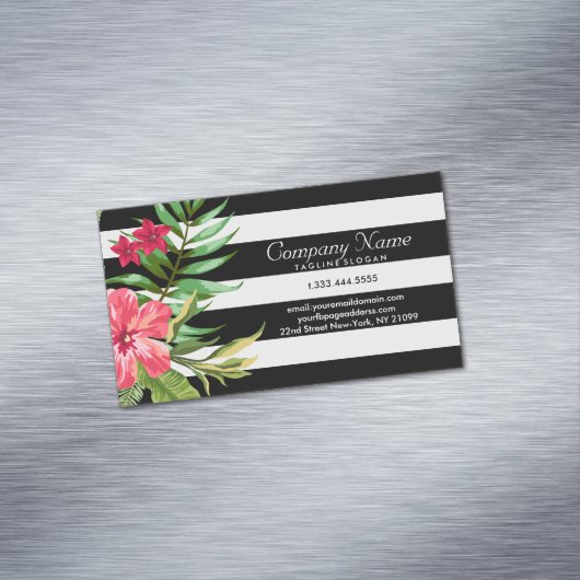 エキゾチックな花と白と黒のストライプ マグネット名刺 (インサイチュ)