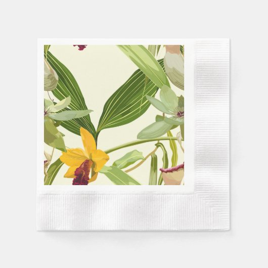エキゾチックな花のパターン。黄色の蘭とヤシ。 縁ありカクテルナプキン (正面)