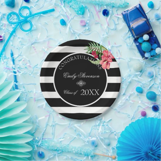 エキゾチックな花ストライプ黒い花 – 卒業 ペーパープレート (パーティー)