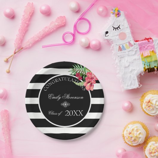 エキゾチックな花ストライプ黒い花 – 卒業 ペーパープレート (パーティー)