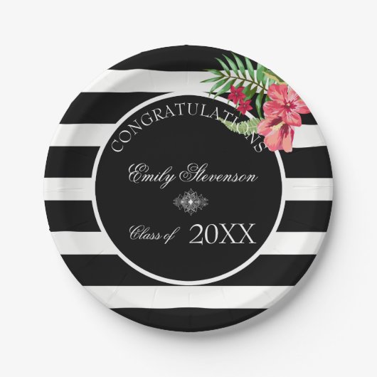 エキゾチックな花ストライプ黒い花 – 卒業 ペーパープレート (正面)
