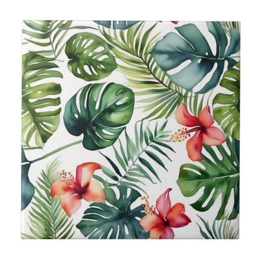 エキゾチックな葉の熱帯の水色と花 タイル (正面)