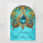 エキゾチックな誕生日パーティー ティールブルー ゴールド ジュエル 招待状 (正面)