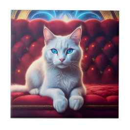 エキゾチックな赤いソファの上の美しい青い目のアルビノ猫 タイル