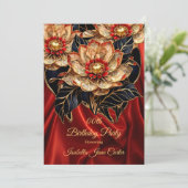 エキゾチックな赤の誕生日パーティーフローラ金ゴールドブラック 招待状 (スタンド正面)
