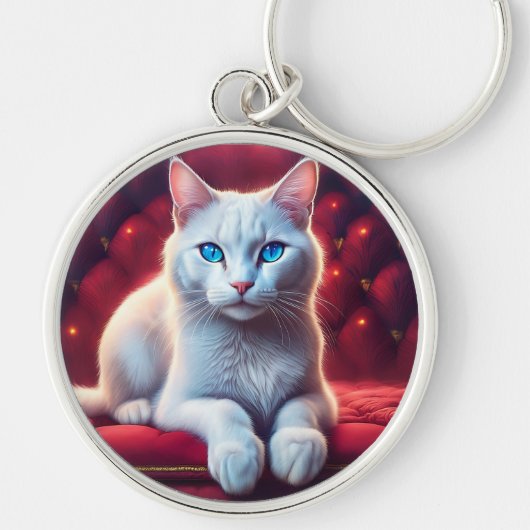 エキゾチックな赤ソファの美しい青い目のアルビノキャット キーホルダー (正面)