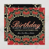 エキゾチックな赤 ゴールド ブラックレースの誕生日パーティー招待状 招待状 (正面/裏面)
