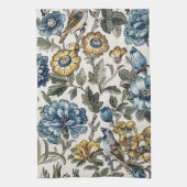 エキゾチックな青と金ゴールドの花と鳥 キッチンタオル (縦)