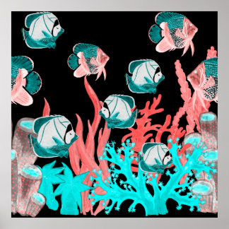 エキゾチックな魚と一緒に水色のシームレスなパターン ポスター