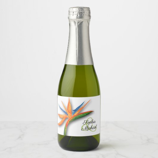 エキゾチックな鳥の楽園の水彩結婚式ミニ スパークリングワインラベル (正面)