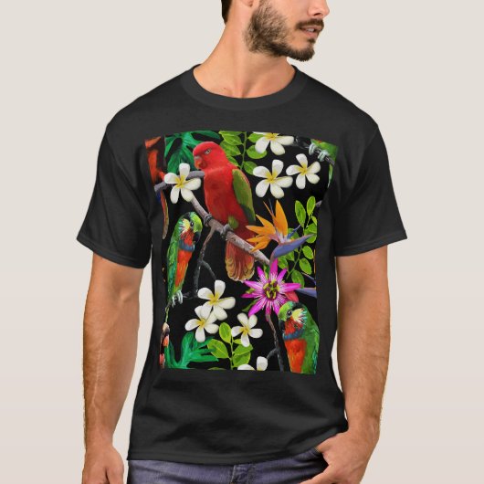 エキゾチックな鳥の美しい花模様 Tシャツ (正面)