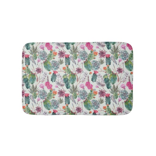 エキゾチックなBohoの水彩画のサボテン及び水気が多いパターン バスマット (正面)