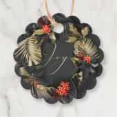 エキゾチックはっきりしたな熱帯の葉の黒い金ゴールド赤 フェイバータグ (正面)