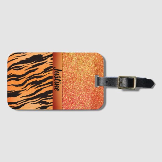 エキゾチックはっきりしたグリッタータイガープリントパーソナライズされた ラゲッジタグ (正面横)