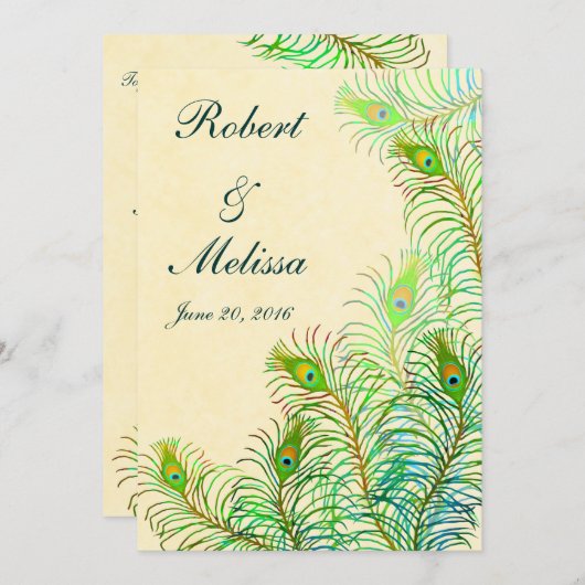 エキゾチックインディアンピーコックフェザーズ結婚式招待状 招待状 (正面/裏面)